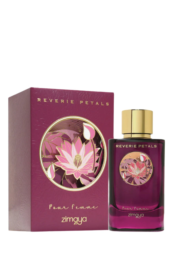 Pertinacia Perfume Reverie Petals Zimaya 3.4oz EDP bottle with elegant floral design and silver cap.