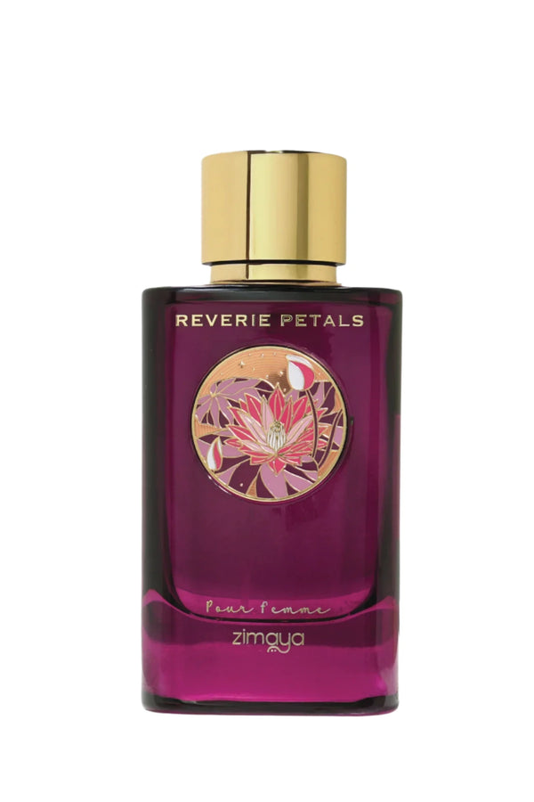 Pertinacia Perfume Reverie Petals Zimaya 3.4oz EDP bottle with elegant floral packaging and a sleek, modern design.
