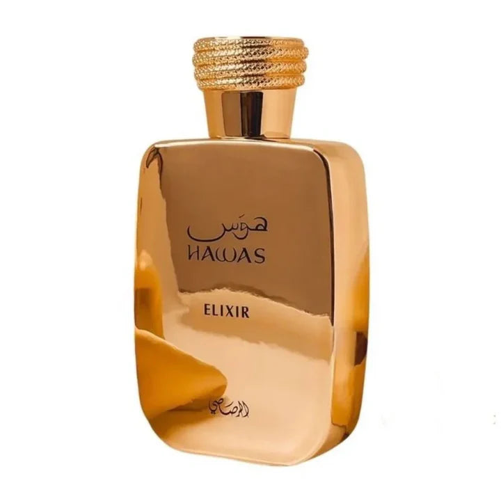 Decant sample of Rasasi Hawas Elixir EDP perfume in a sleek glass bottle with a black cap, showcasing its luxurious fragrance.