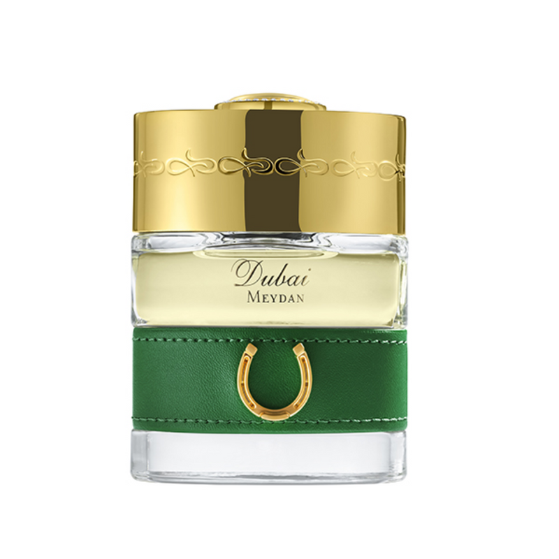Meydan The Spirit of Dubai 1.7 oz perfume bottle with intricate design, displayed on a plain background.