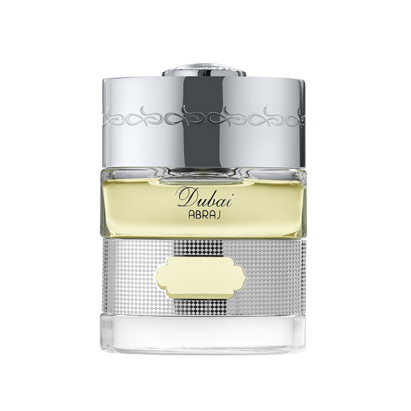 Abraj The Spirit of Dubai 1.7 oz perfume bottle with sleek design and gold accents, displayed on a neutral background