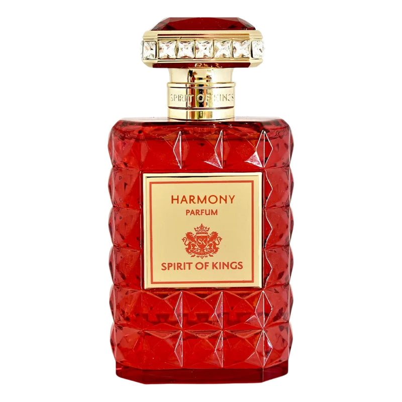 Harmony Spirit of Kings perfume bottle from Online Warehouse, elegant packaging with a sleek design and gold accents.