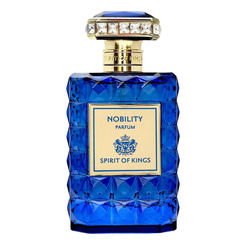 Nobility Spirit Of Kings perfume bottle from Online Warehouse, elegant glass design with gold accents and detailed label.