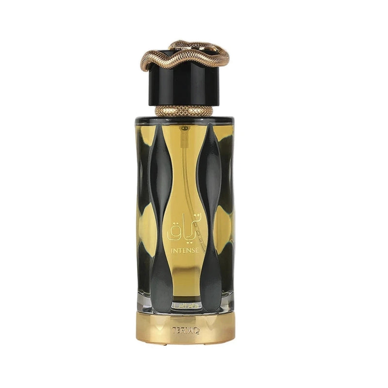 Lattafa Teriaq Intense 3.4oz unisex EDP perfume bottle with sleek design and elegant packaging.