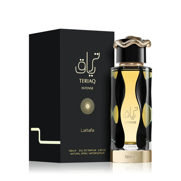 Lattafa Teriaq Intense 3.4oz unisex Eau de Parfum bottle with sleek design, showcasing the Pertinacia Perfume branding.