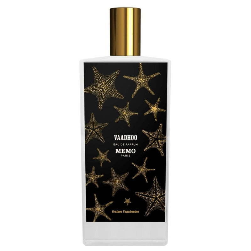 Vaadhoo Memo Paris 2.5 oz perfume bottle with minimalist design, showcasing elegant packaging and branding.