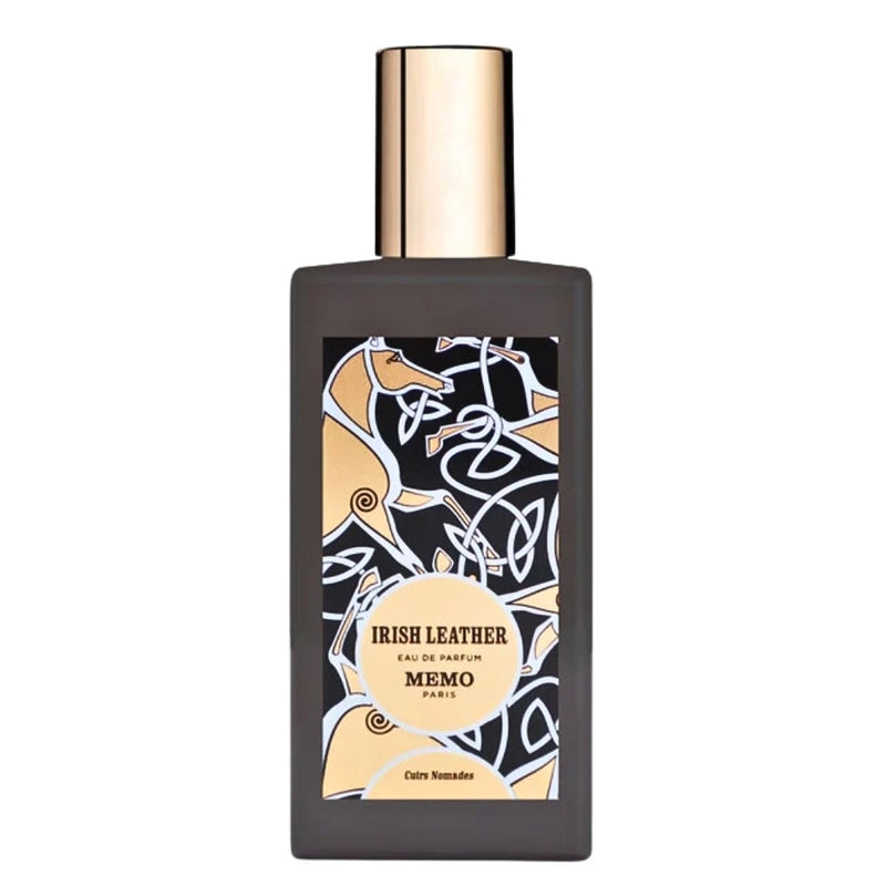 Irish Leather New Packing Memo by Online Warehouse, 2.4 oz bottle, with vintage-style label and leather texture in the background.