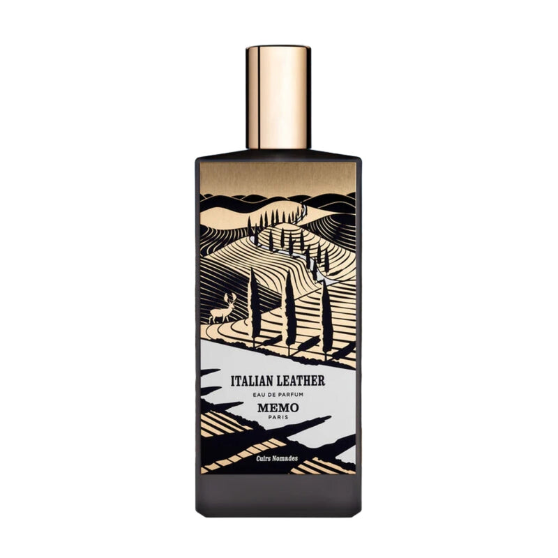 Italian leather perfume bottle from Memo Paris, 2.4 oz, with new packaging, displayed on a neutral background.