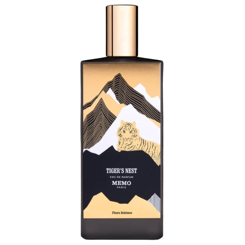 Tiger's Nest Memo Paris perfume bottle with new packaging, 2.5 oz, featuring a sleek design and elegant branding.
