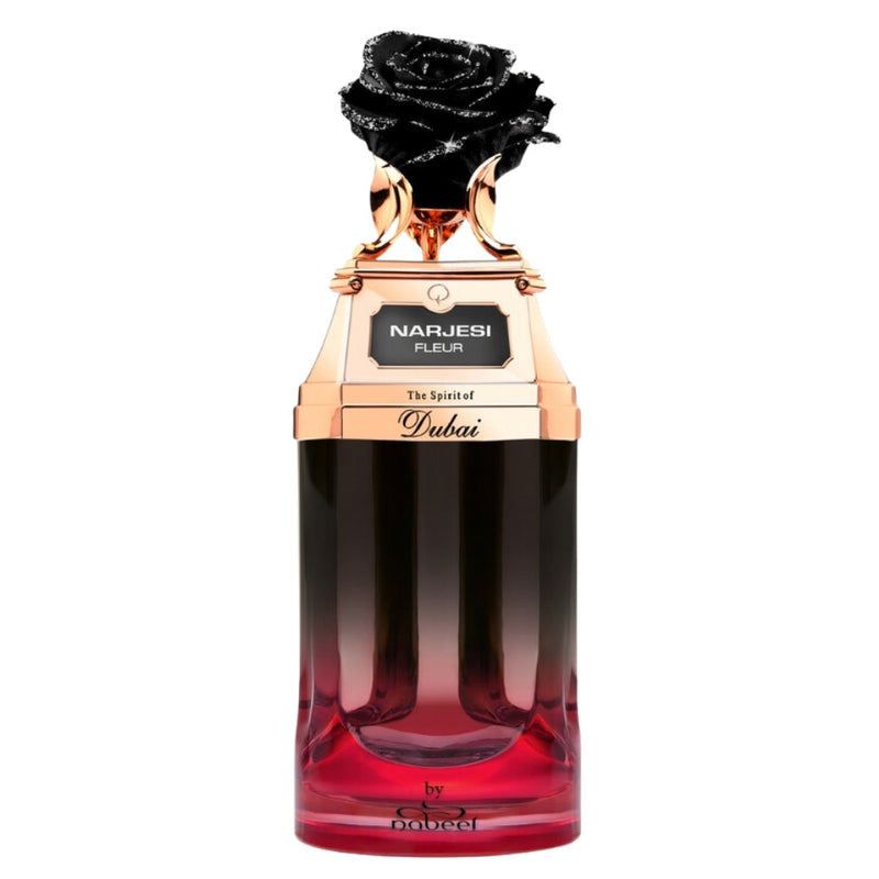 Narjesi Fleur The Spirit of Dubai 3 oz Eau De Parfum bottle with elegant floral design and clear glass showcasing the fragrance.