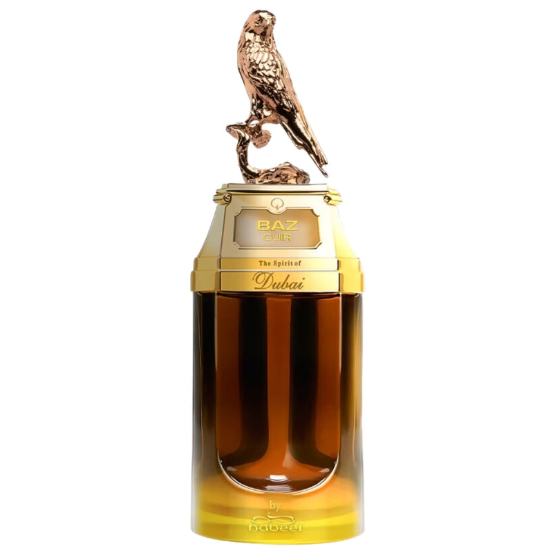 Baz Cuir The Spirit of Dubai Eau De Parfum bottle, 3 oz, with elegant design and dark fragrance liquid visible inside.