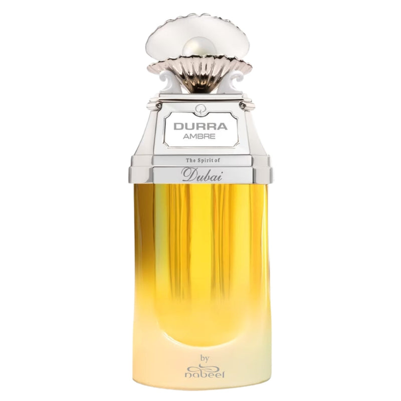 Durra Ambre The Spirit of Dubai Eau De Parfum bottle with elegant packaging, showcasing luxurious scent and amber accents.
