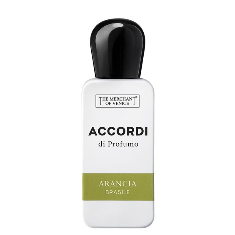 Brazilian Arancia perfume by The Merchant Of Venice in a 1 oz bottle, featuring a sleek glass design and orange-themed branding.