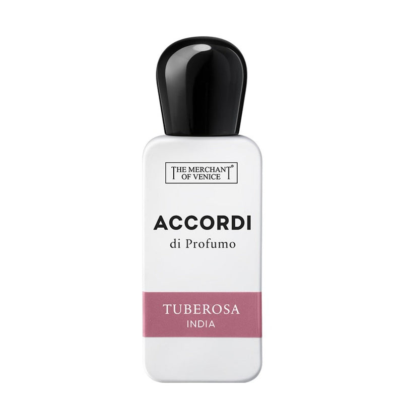 Tuberosa India perfume by The Merchant Of Venice in 1 oz bottle, showcasing elegant glass packaging and floral design.