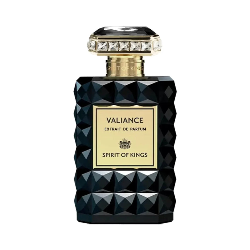 Valiance Spirit Of Kings perfume bottle with elegant design, presented in a sleek, transparent glass container.