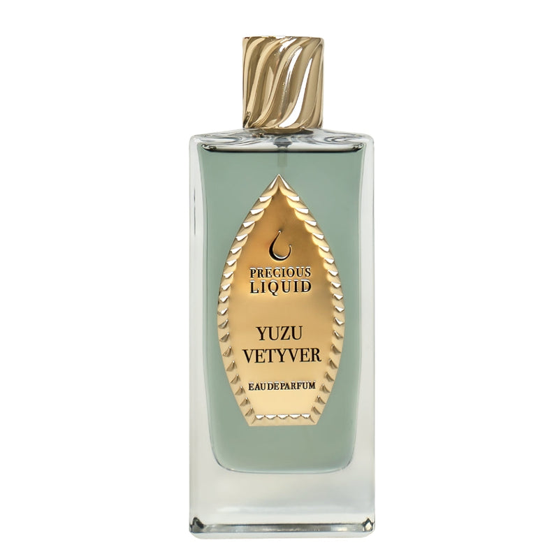 Limited edition Yuzu Vetyver perfume by Online Warehouse in a 2.5 oz bottle, featuring a sleek glass design with a silver cap.