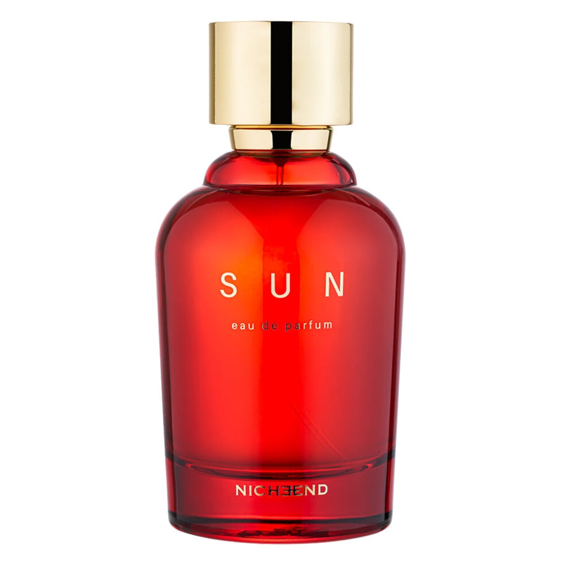 Sun Nicheend perfume bottle from Online Warehouse, 3.4 oz, elegant glass container with a sleek design and silver cap.