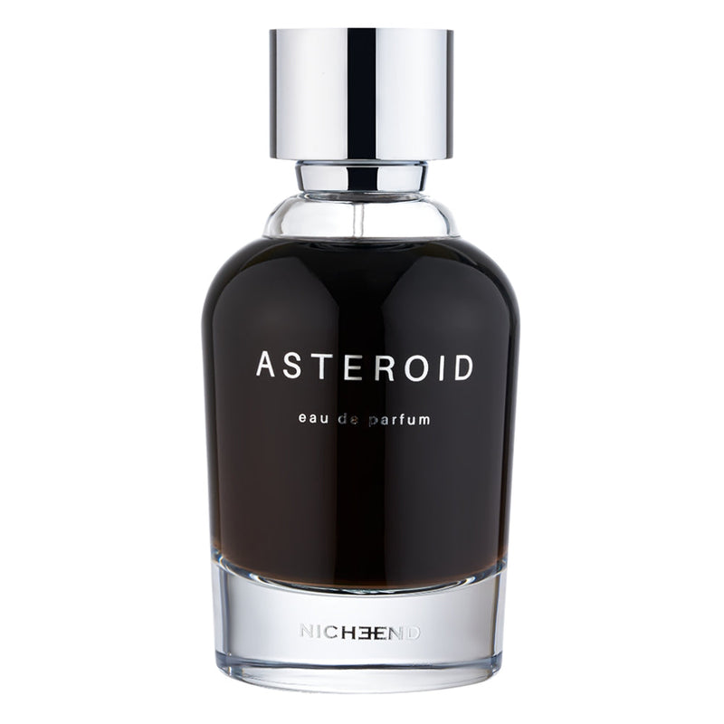 Asteroid Nicheend perfume bottle from Online Warehouse, 3.4 oz, sleek design with gold accents and clear glass showcasing the fragrance.