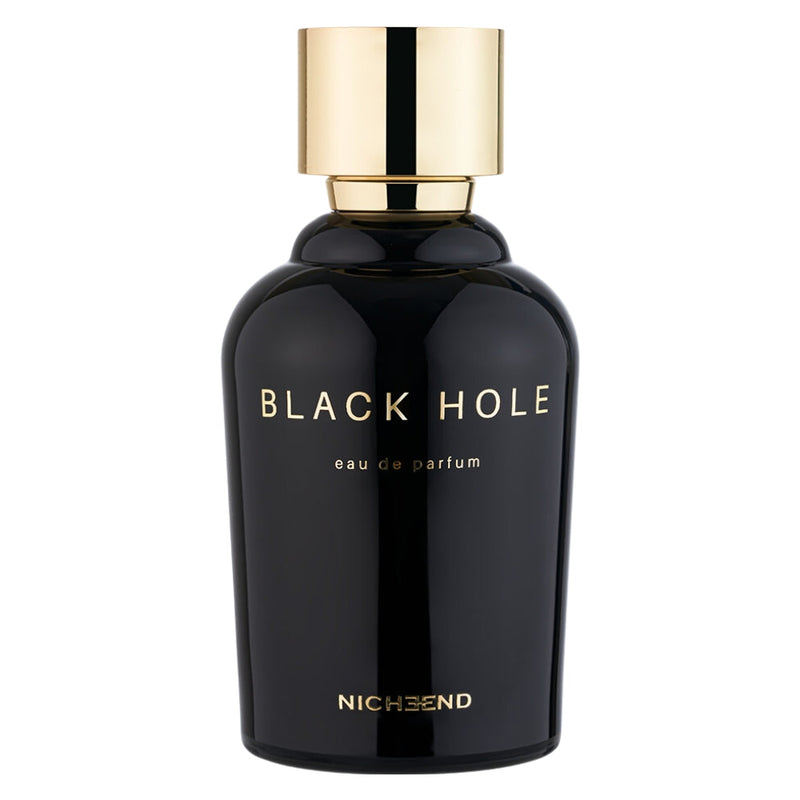 Black Hole Nicheend perfume bottle from Online Warehouse, 3.4 oz, sleek black design with elegant branding on the glass.