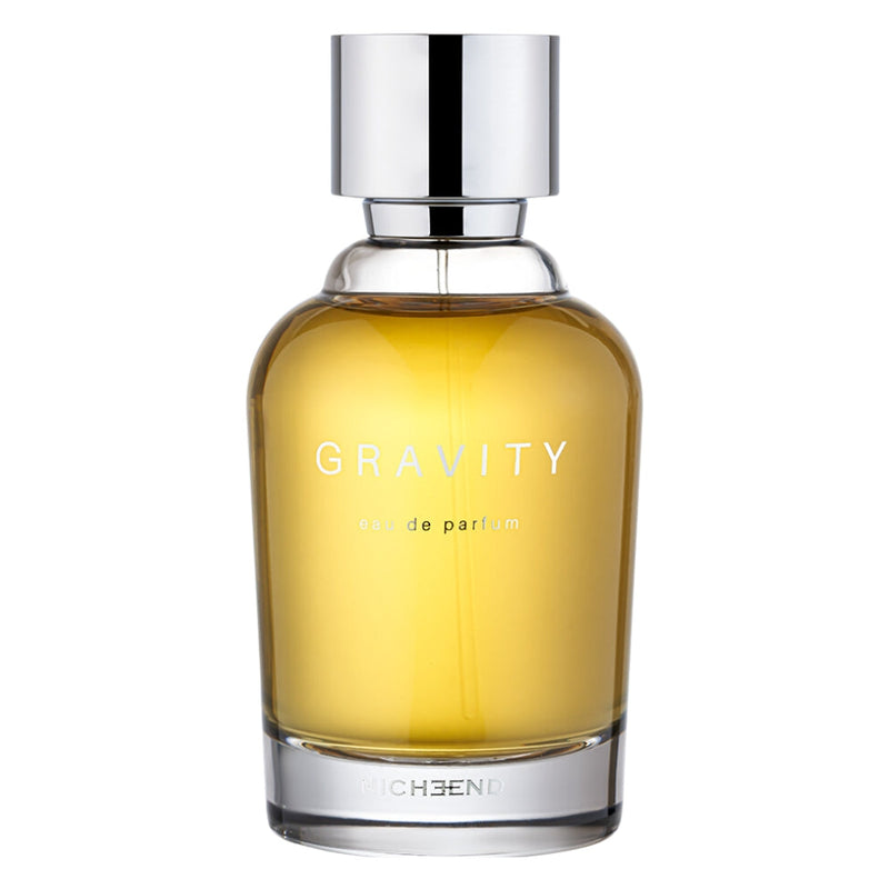 Gravity Nicheend 3.4 oz perfume bottle from Online Warehouse, sleek glass container with a modern design and silver cap.