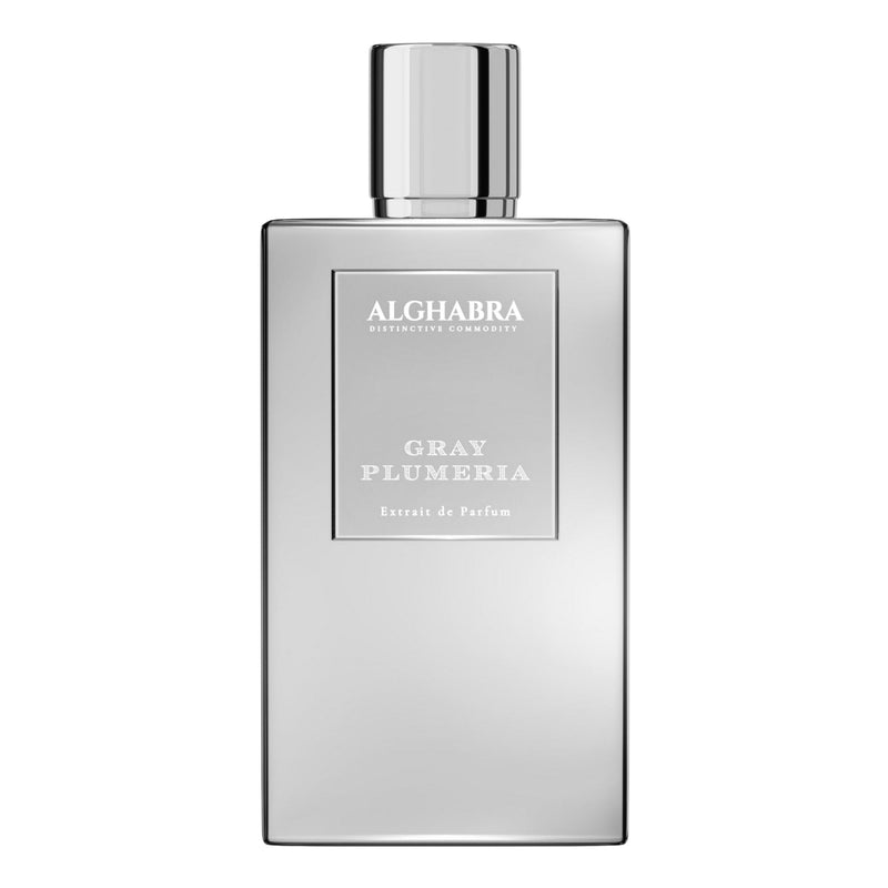 Gray Plumeria Alghabra Parfums 1.69 oz bottle with elegant packaging, showcasing the luxurious fragrance and stylish design.
