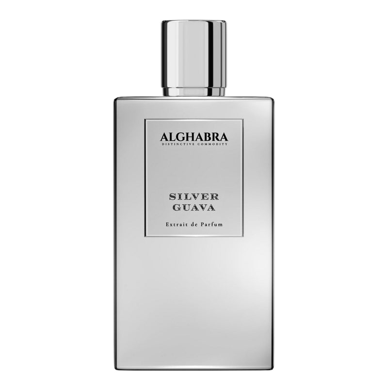 Silver Guava Alghabra Parfums 1.69 oz bottle with silver accents, showcasing the elegant packaging and branding.