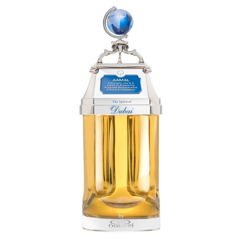 Aamal The Spirit of Dubai 3 oz perfume bottle with intricate design and gold accents, showcasing the luxury fragrance from Online Warehouse.