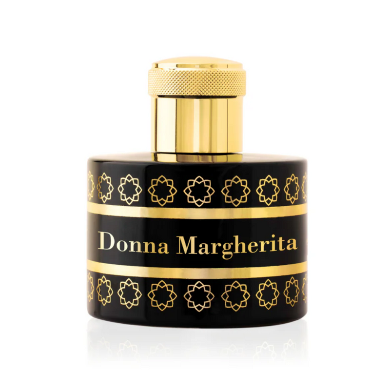Donna Margherita Pantheon Roma handbag in black leather with gold accents, featuring a structured shape and top handle.