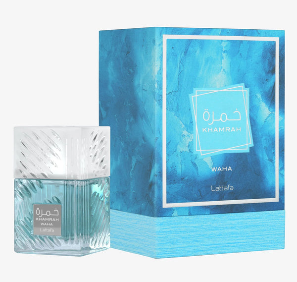 Khamrah Waha EDP perfume by Lattafa in a 3.4oz bottle, featuring elegant packaging and a luxurious fragrance.