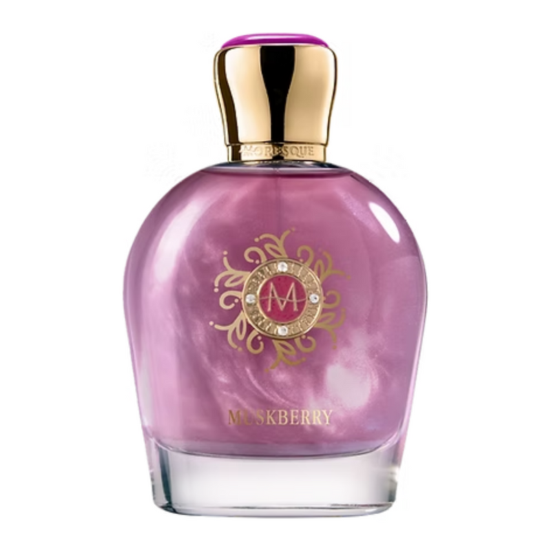 Muskberry Moresque perfume bottle with elegant design, 3.4 oz size, showcasing the luxurious fragrance from Online Warehouse.