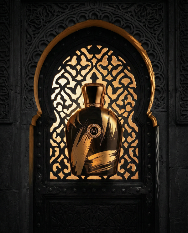 Velour Noir Moresque perfume bottle, 3.4 oz, with elegant black and gold design, displayed in a sleek, sophisticated container