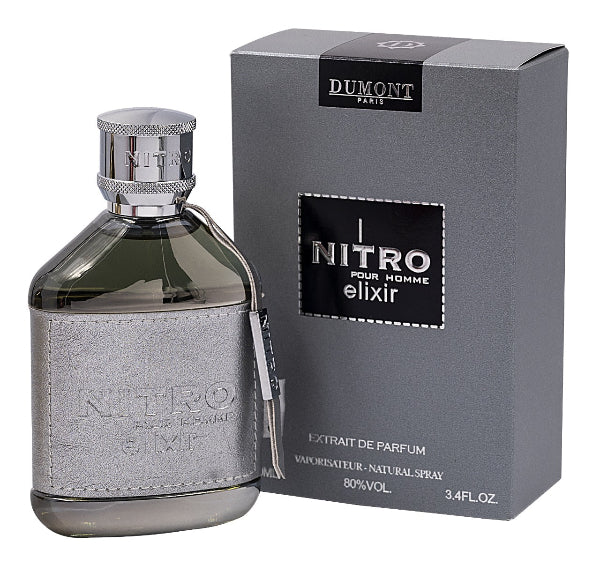 Dumont Nitro Elixir 3.4oz extract bottle from Pertinacia LLC, featuring a dark glass container with a silver cap.