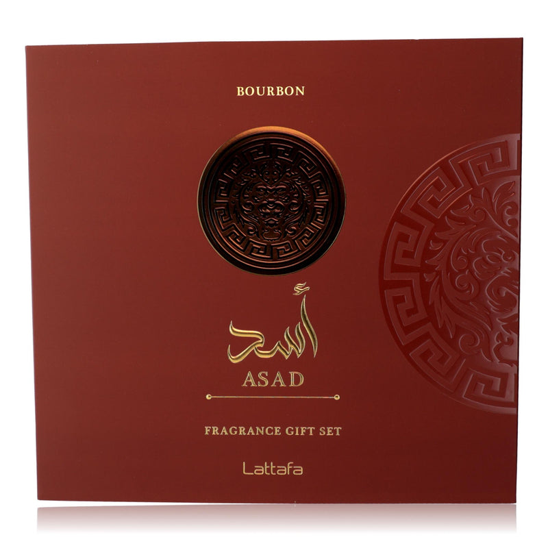Lattafa Asad Bourbon 3-piece gift set for men, featuring bottles of fragrance with elegant packaging and branding.