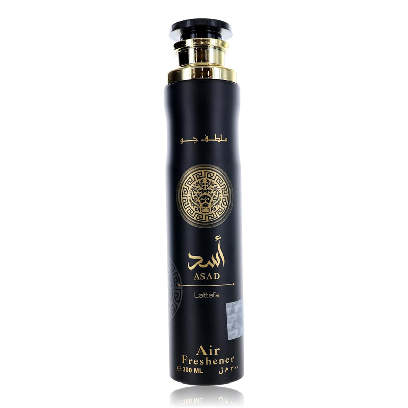 Lattafa Asad air freshener in 10 oz bottle with sleek design, providing a fresh and inviting scent for home or office spaces.