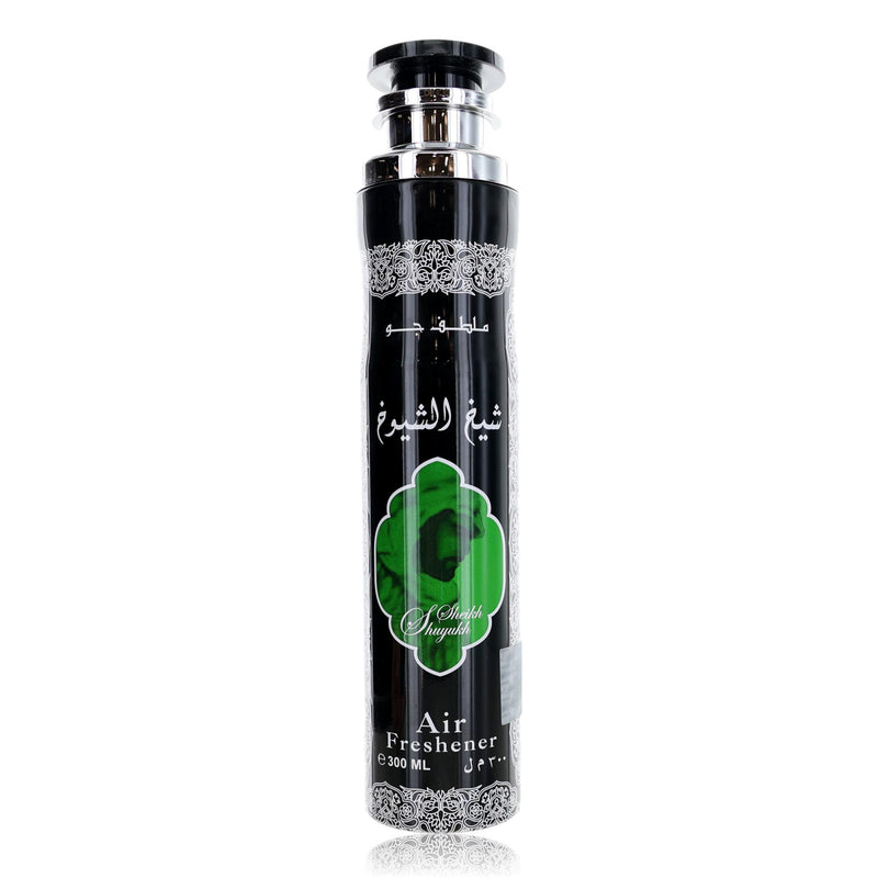 Lattafa Sheikh Shuyukh air freshener bottle, 10 oz size, with elegant packaging and label design visible.