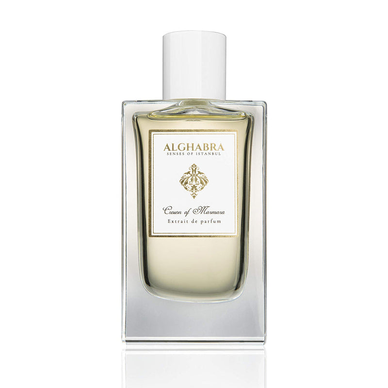 Alghabra Marmara perfume by Crown of Marmara in a 1.7 oz bottle, elegant glass container with gold accents.