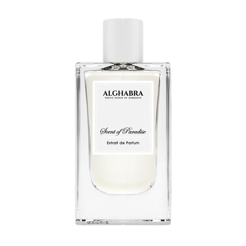 Alghabra Scent of Paradise perfume 1.7 oz bottle from Alghabra Parfums, elegant glass container with floral and fruity notes.