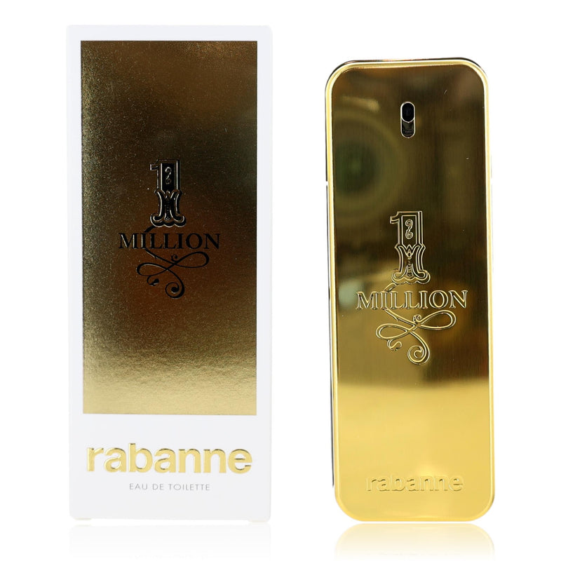 Paco Rabanne 1 Million men's 3.4 oz EDT spray bottle with a gold-colored design and silver cap.
