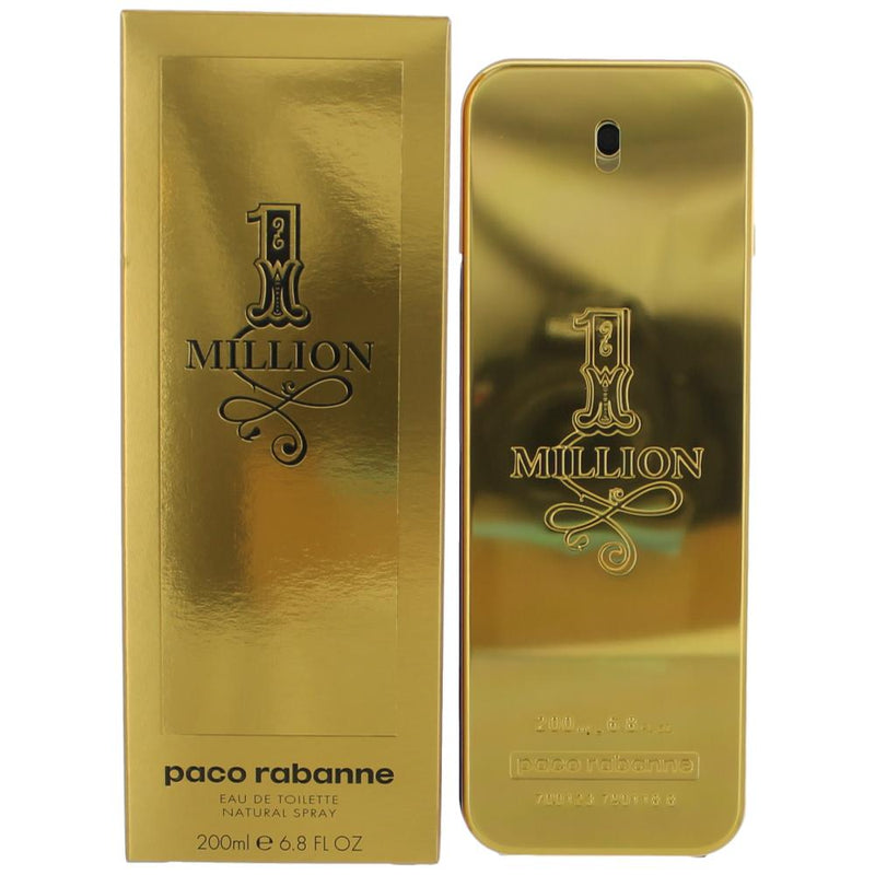 Paco Rabanne 1 Million men's 6.8 oz EDT spray bottle with gold accents and sleek packaging.