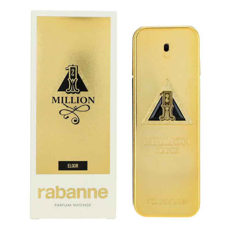 Paco Rabanne 1 Million Elixir 3.4 oz men's parfum intense spray bottle with gold accents and sleek design.