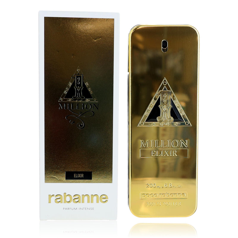 Paco Rabanne 1 Million Elixir men's parfum intense spray bottle, 6.7 oz with sleek gold packaging and decorative design.
