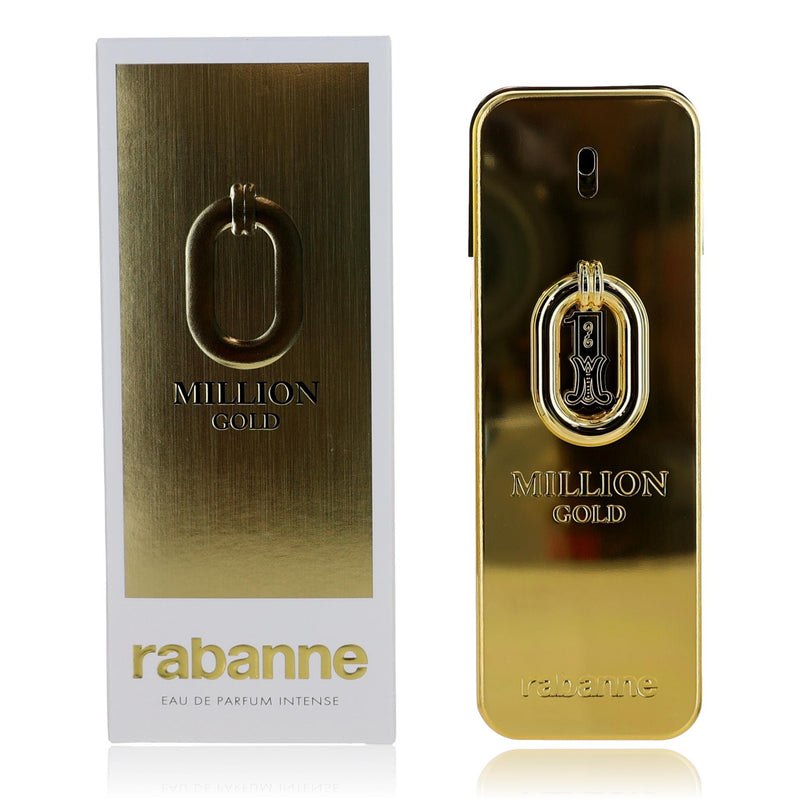 Paco Rabanne 1 Million Gold men's 3.4 oz Eau de Parfum Intense spray bottle with gold accents.