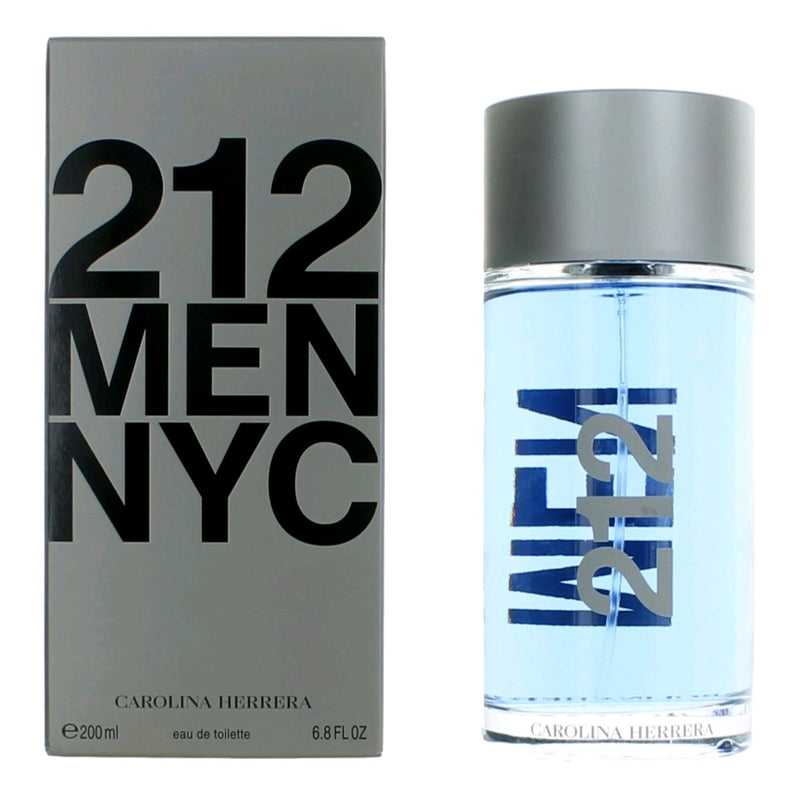 Carolina Herrera 212 Men 6.8 oz EDT spray bottle with sleek design and silver cap, positioned on a white background.