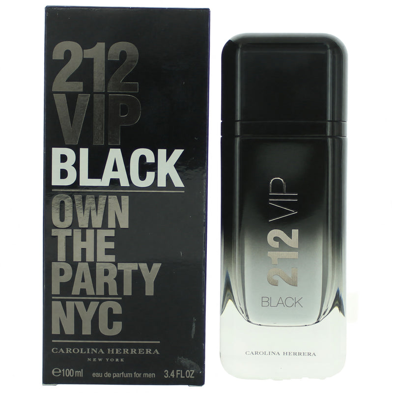 Carolina Herrera 212 VIP Black men's 3.4 oz Eau de Parfum spray, sleek black bottle with silver accents for sophisticated style