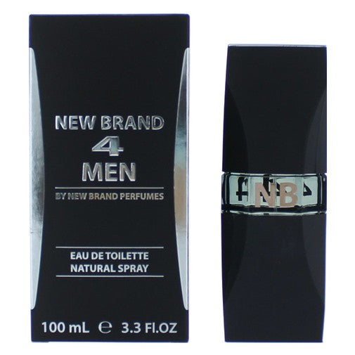 4 Men by New Brand 3.3 oz men's EDT spray bottle with sleek packaging and spray nozzle.