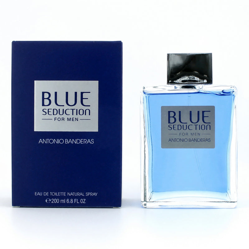 Blue Seduction by Antonio Banderas men's 6.7 oz EDT spray bottle with sleek blue packaging and silver accents.
