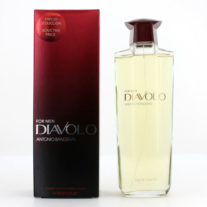 Antonio Banderas Diavolo 6.7 oz men's EDT spray bottle with a sleek black and red packaging design.