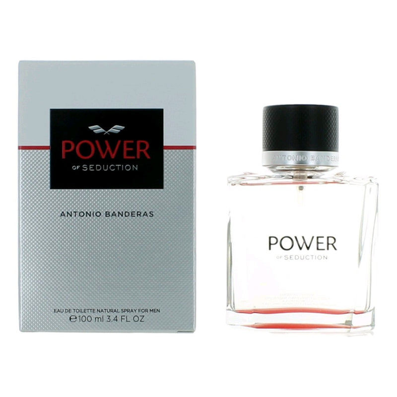 Antonio Banderas Power of Seduction 3.4 oz men's EDT spray bottle with sleek packaging.