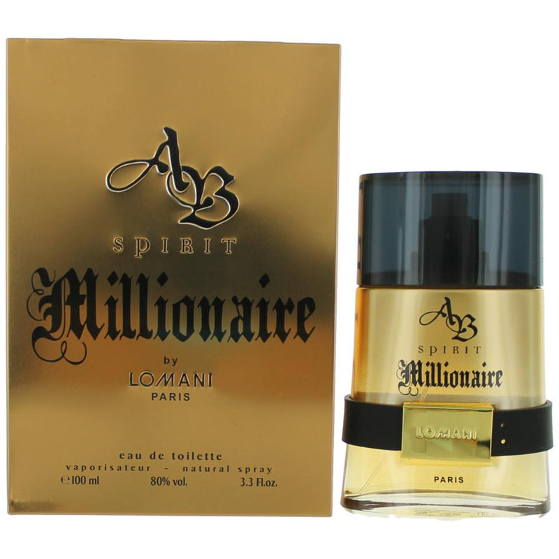 Lomani AB Spirit Millionaire 3.3 oz men's EDT spray shown with the sleek, elegant bottle and cap design.