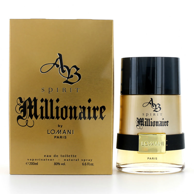 Lomani AB Spirit Millionaire men's 6.6 oz EDT spray bottle with sleek packaging and silver accents.
